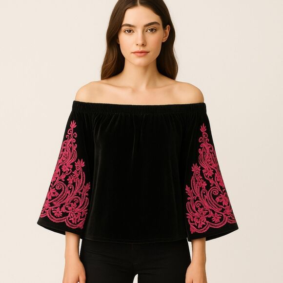 MISA Black Velvet Peasant Top Pink Embroidered Bell Sleeve Bohemian Blouse Sz S - Picture 1 of 9